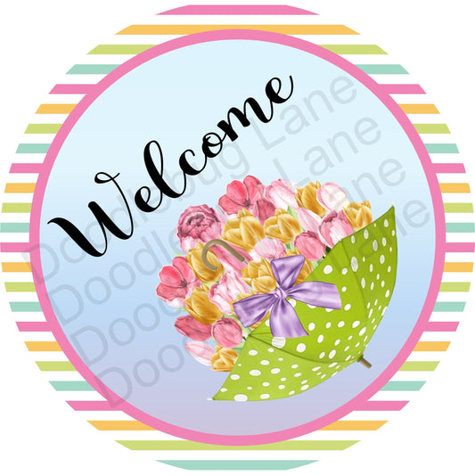 Spring Wreath Sign-Welcome Sign-Umbrella-Floral Bouquet-Spring Flowers-Metal Wreath Sign-Round Sign