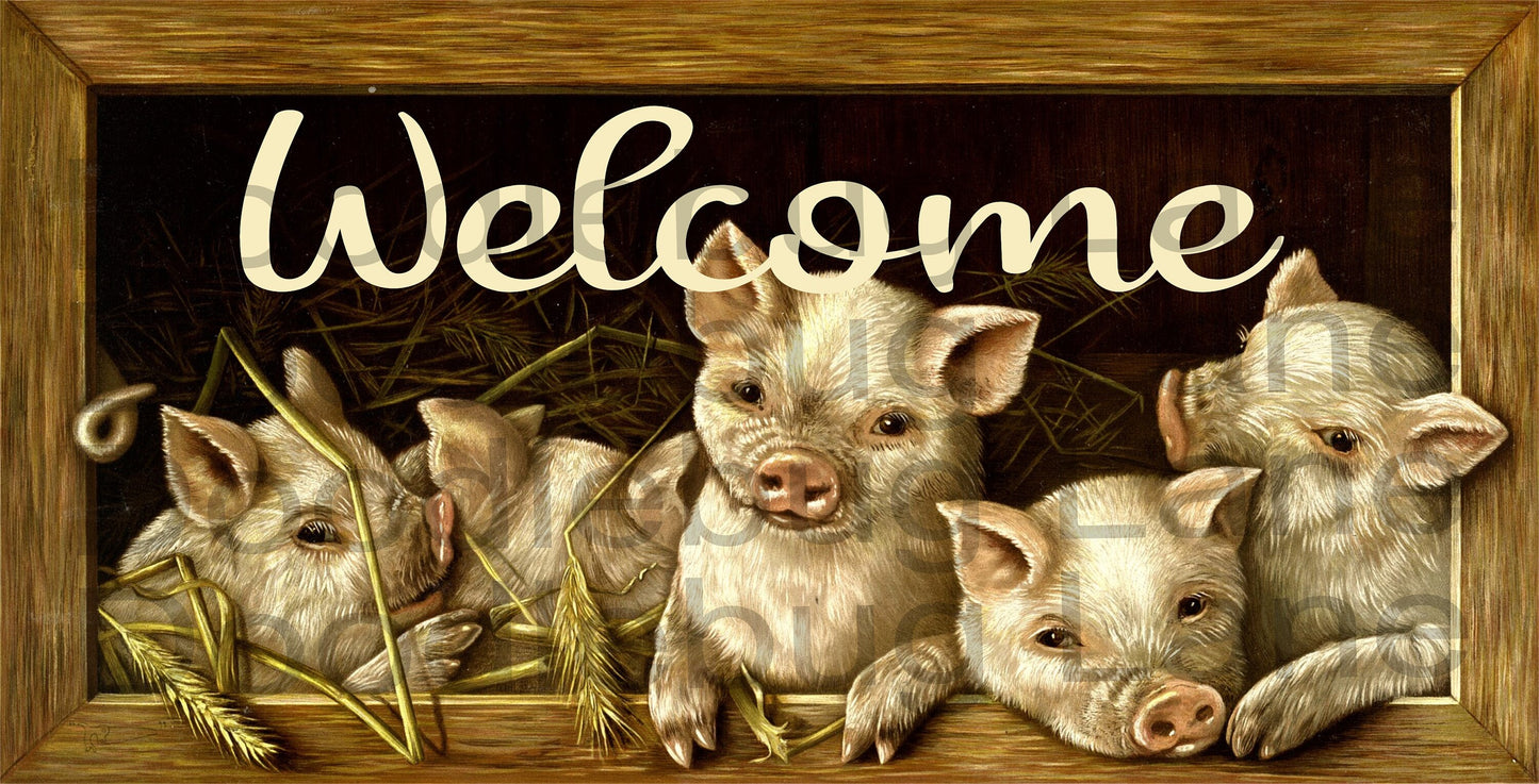 Welcome Wreath Sign - Farmhouse Sign - Metal Wreath Sign - Baby Pigs - Farmhouse Welcome - Rectangle Sign