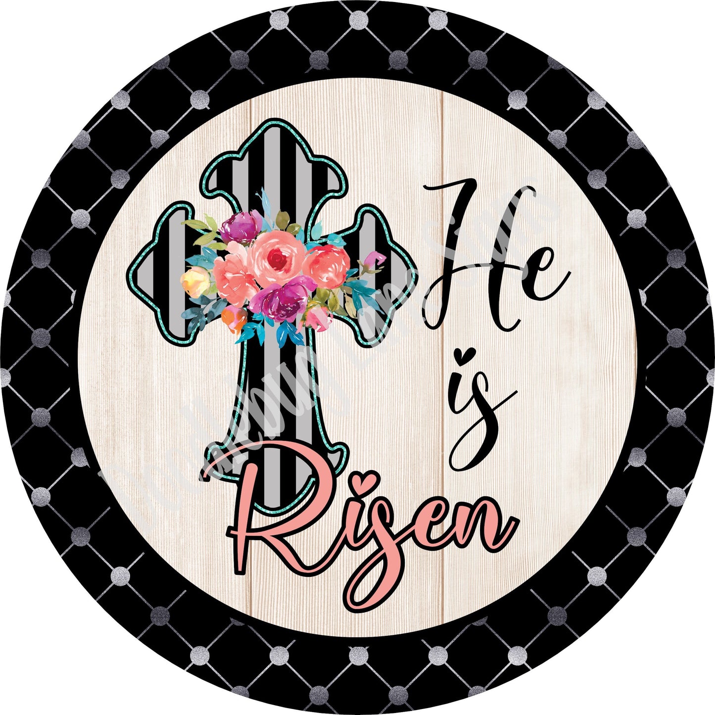 Easter Wreath Sign-He Is Risen Black Striped Cross-Large Round Sign-Metal Wreath Sign