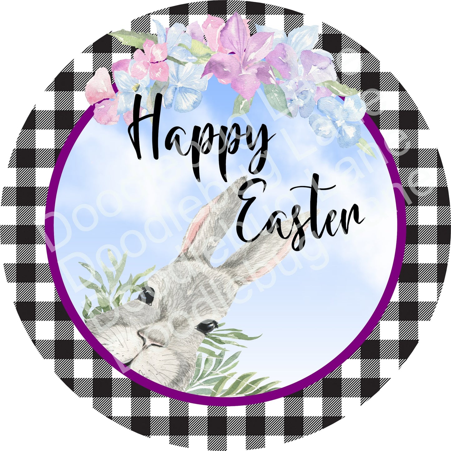 Easter Wreath Sign-Peeking Bunny-Easter Sign for Wreath-Buffalo Plaid-Happy Easter Sign-Metal Wreath Sign-Round Sign