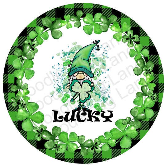 St Patricks Day Wreath Sign-Four Leaf Clover-Gnome Sign-Metal Wreath Sign-Round Sign-Leprachaun Gnome