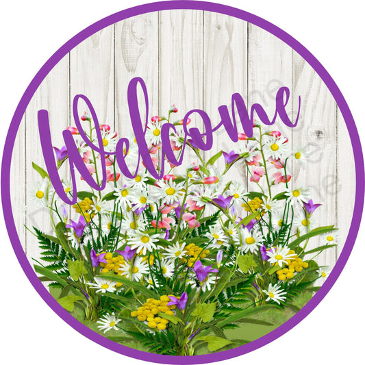 Spring Wreath Sign - Welcome Sign For Wreath - Wildflowers - Metal Wreath Sign - Round Wreath Sign