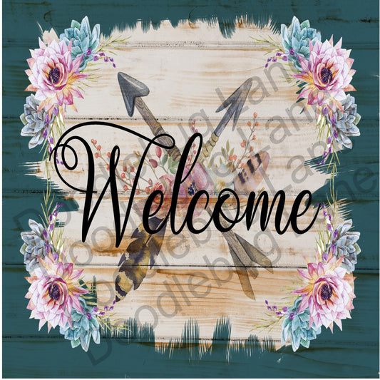 Welcome Wreath Sign - Boho Decor - Arrows And Feathers - Succulent Decor - Metal Wreath Sign - Square Sign