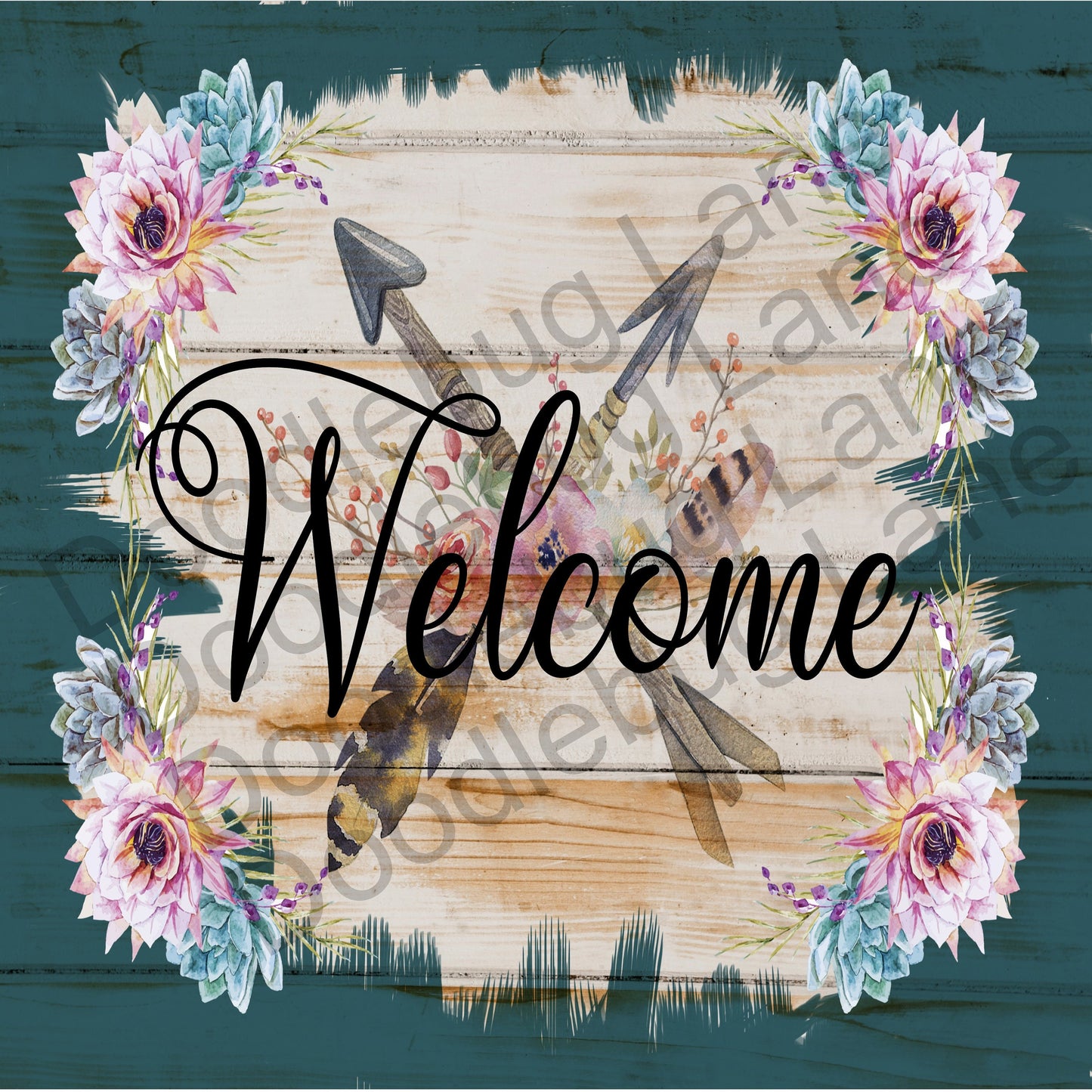 Welcome Wreath Sign - Boho Decor - Arrows And Feathers - Succulent Decor - Metal Wreath Sign - Square Sign