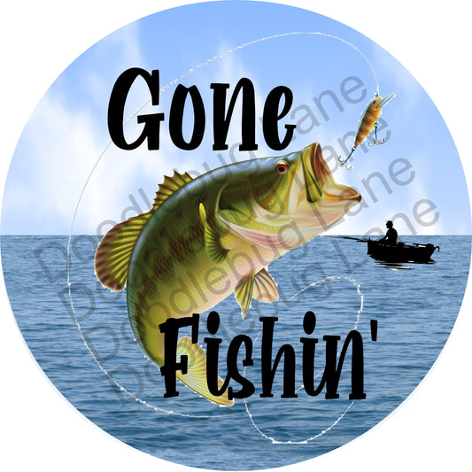 Gone Fishin' Wreath Sign-Metal Wreath Sign-Fishing Sign-Man Cave Sign- Fathers Day Wreath Sign-Round Sign