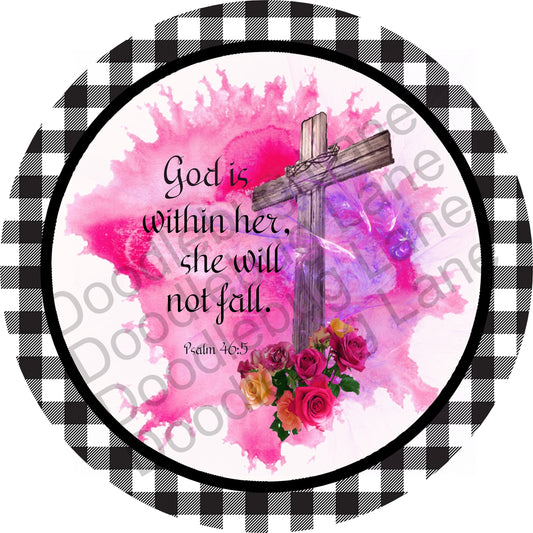 Inspirational Wreath Sign - God Is Within Her - Wooden Cross - Buffalo Plaid - Metal Wreath Sign - Round Sign