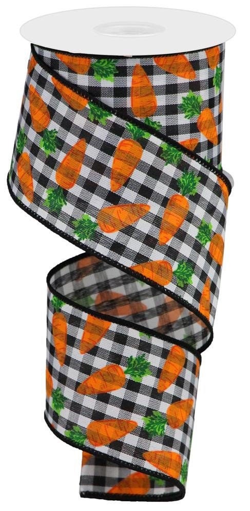 Easter Ribbon - Carrots On Gingham Check - Wired Edge Ribbon - 2.5" x 10 yds