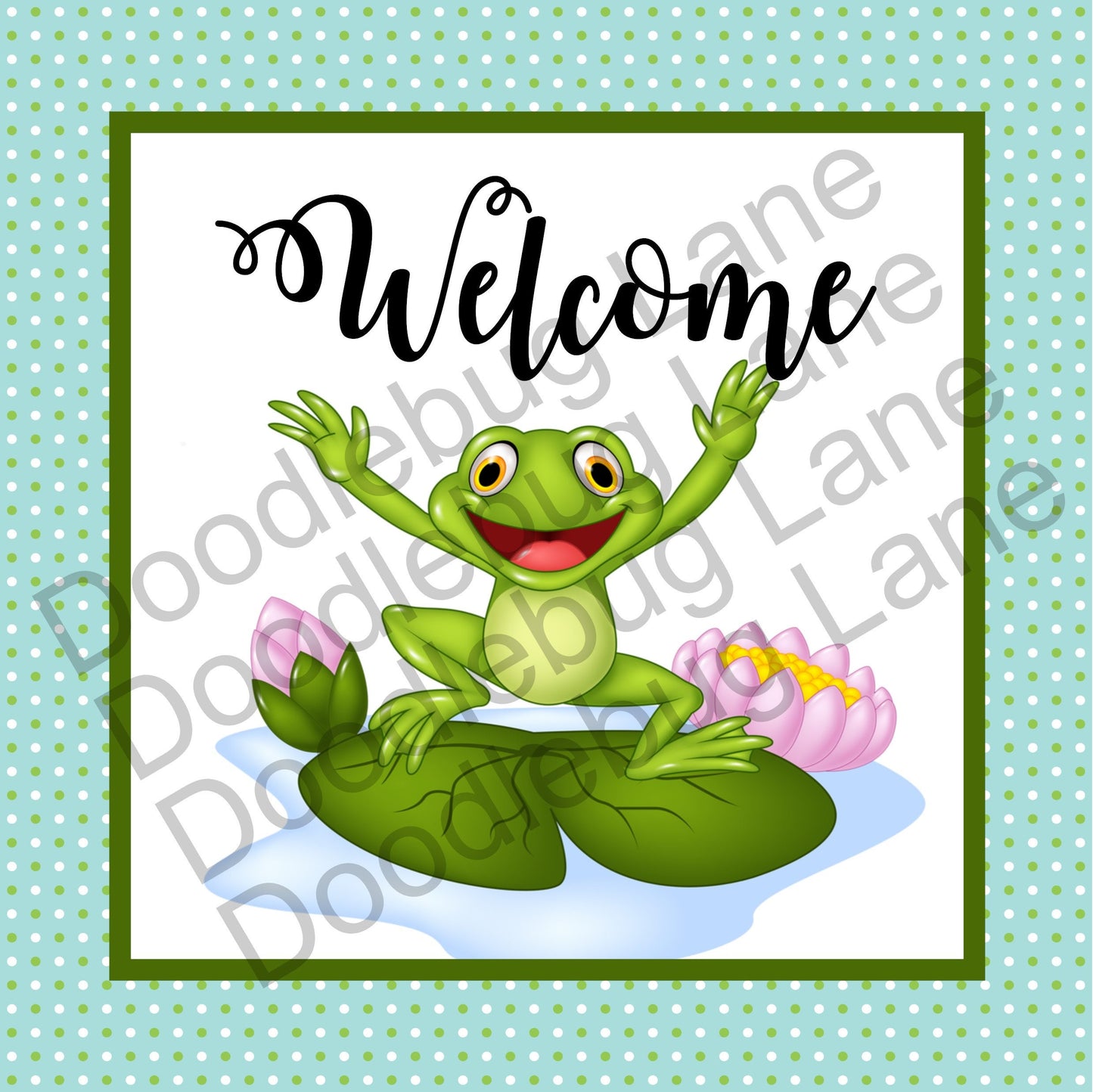 Welcome Wreath Sign-Frog On Lilypad-Frog Sign-Spring Sign-Blue And Green-Metal Wreath Sign-Square Sign