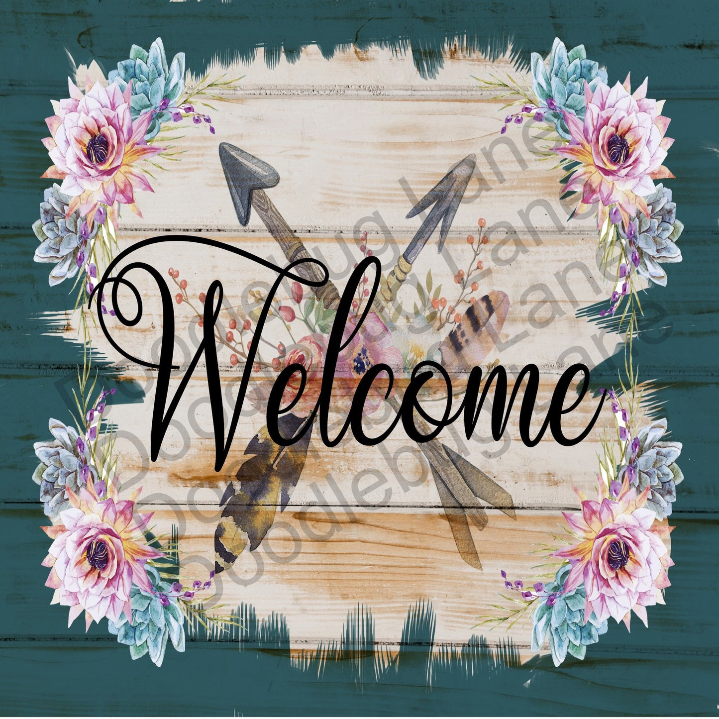 Welcome Wreath Sign - Boho Decor - Arrows And Feathers - Succulent Decor - Metal Wreath Sign - Square Sign