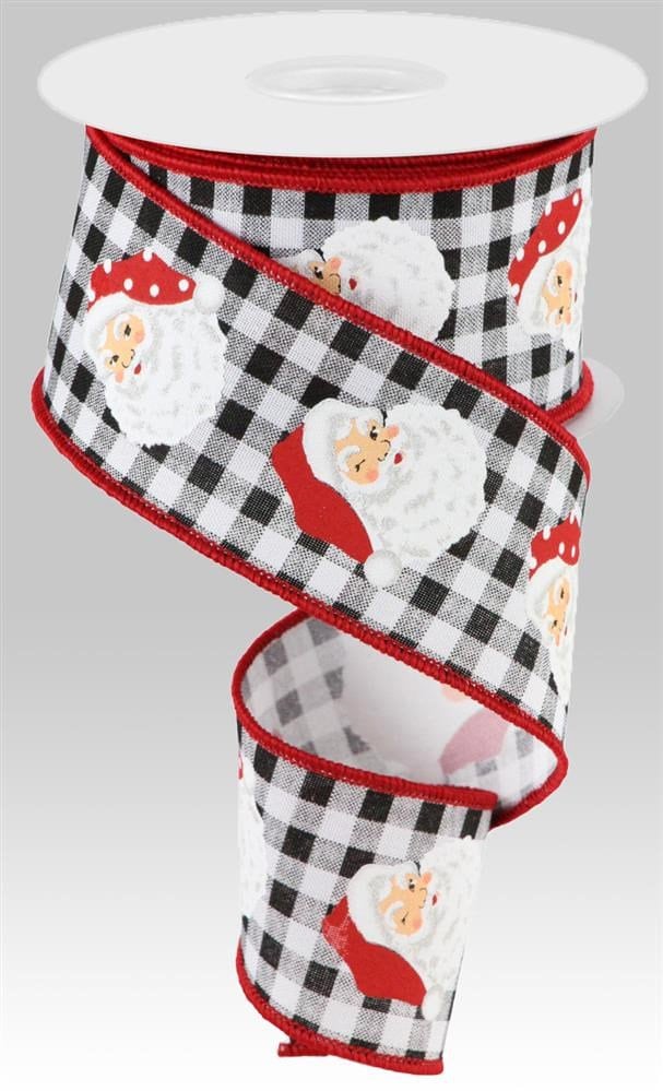 Wired Ribbon - Christmas Ribbon - Vertical Santa Heads On Check - Black And White Gingham - 2.5" x 10 yards