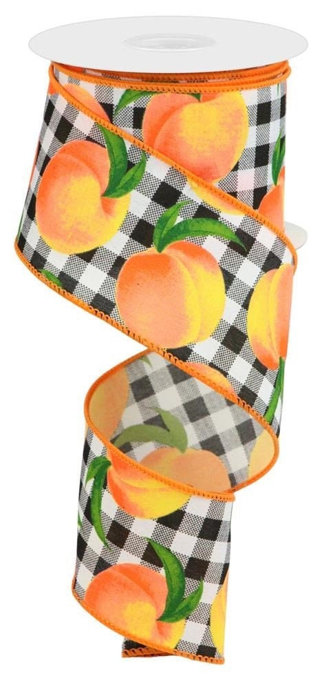 Wired Ribbon - Peaches On Gingham - Peach Ribbon - Summer Ribbon - 2.5" x 10 yards