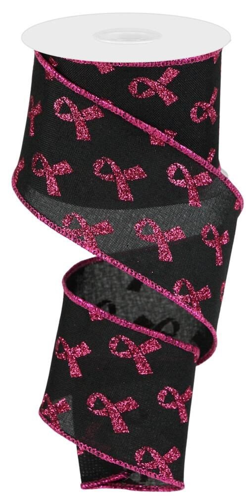 Wired Ribbon - Breast Cancer Ribbon - Cancer Awareness - Black and Hot Pink - Glittered Ribbon - 2.5" x 10 yards