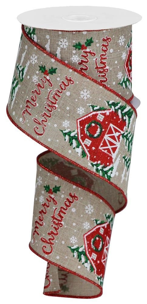 Wired Ribbon - Christmas Ribbon - Christmas Barn On Royal Ribbon - 2.5" x 10 yards - Merry Christmas Ribbon - Farmhouse Christmas