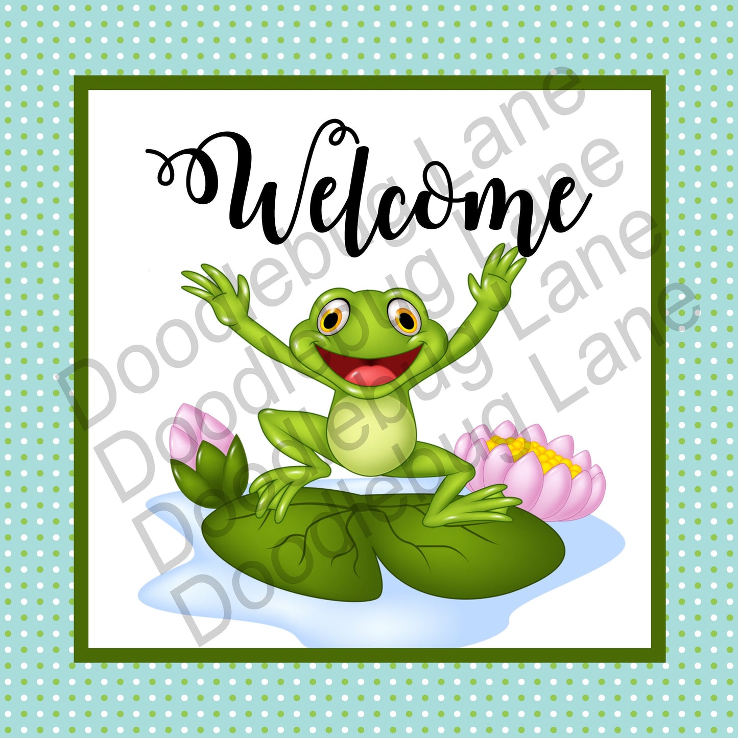 Welcome Wreath Sign-Frog On Lilypad-Frog Sign-Spring Sign-Blue And Green-Metal Wreath Sign-Square Sign