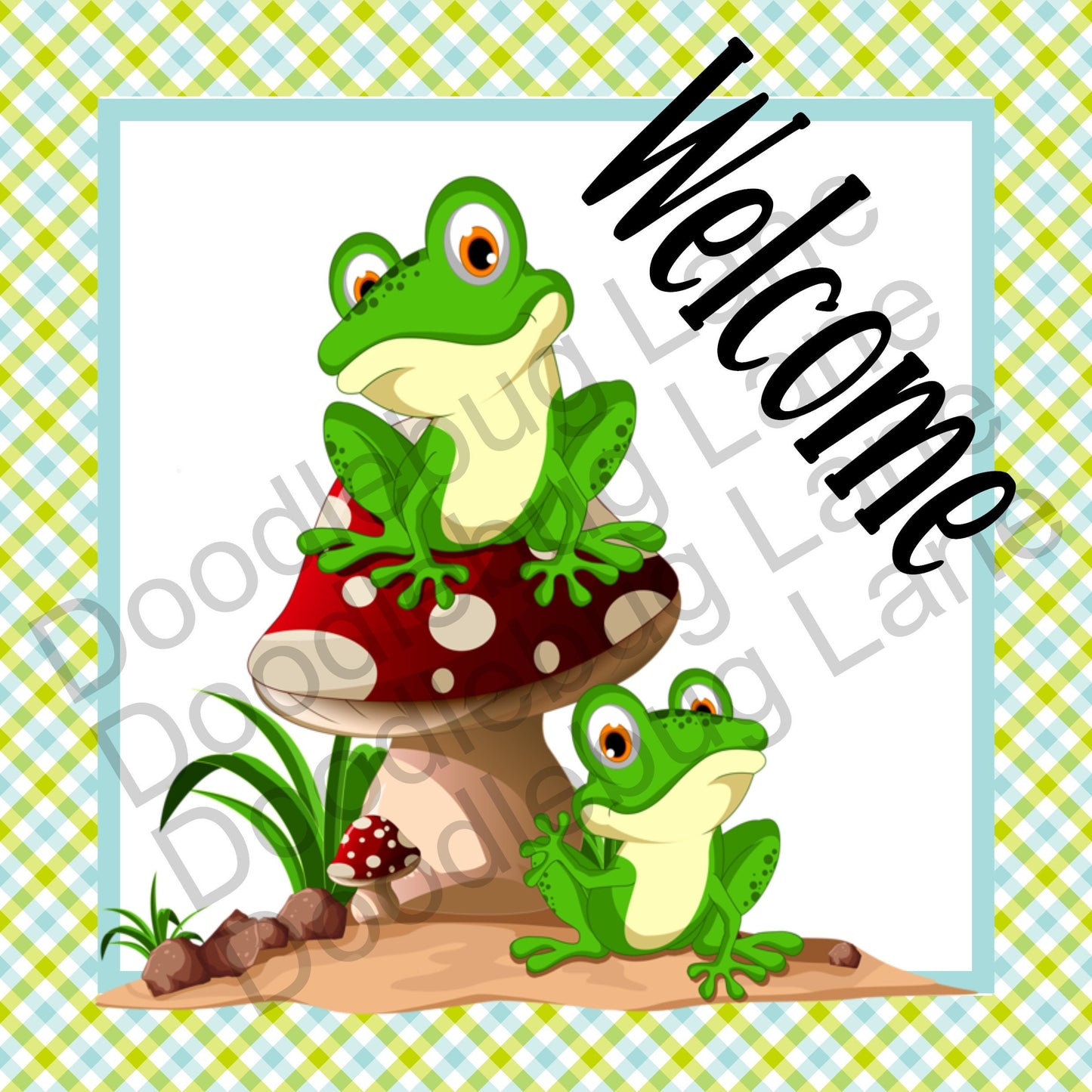 Welcome Wreath Sign - Frog Sign - Spring Wreath Sign - Metal Wreath Sign - Frog On Mushroom - Square Sign