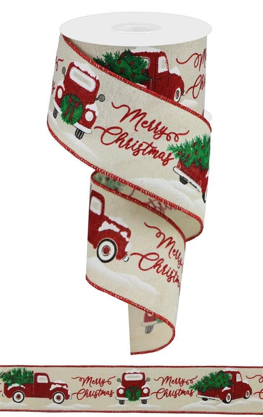 Wired Ribbon - Christmas Truck Ribbon - Vintage Red Truck - Merry Christmas With Truck - 2.5" x 10 yards