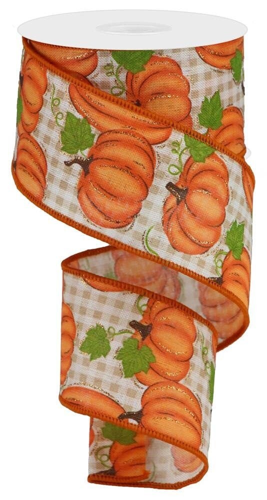 Wired Ribbon - Fall Ribbon - Thanksgiving Ribbon - Pumpkin Patch On Check - 2.5" x 10 yards