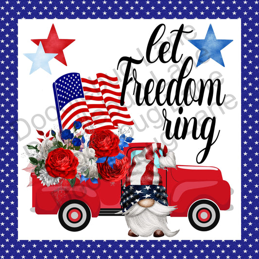 Patriotic Wreath Sign-Let Freedom Ring-Gnome Sign-Independence Day-Patriotic Gnome-Square Sign-Metal Wreath Sign