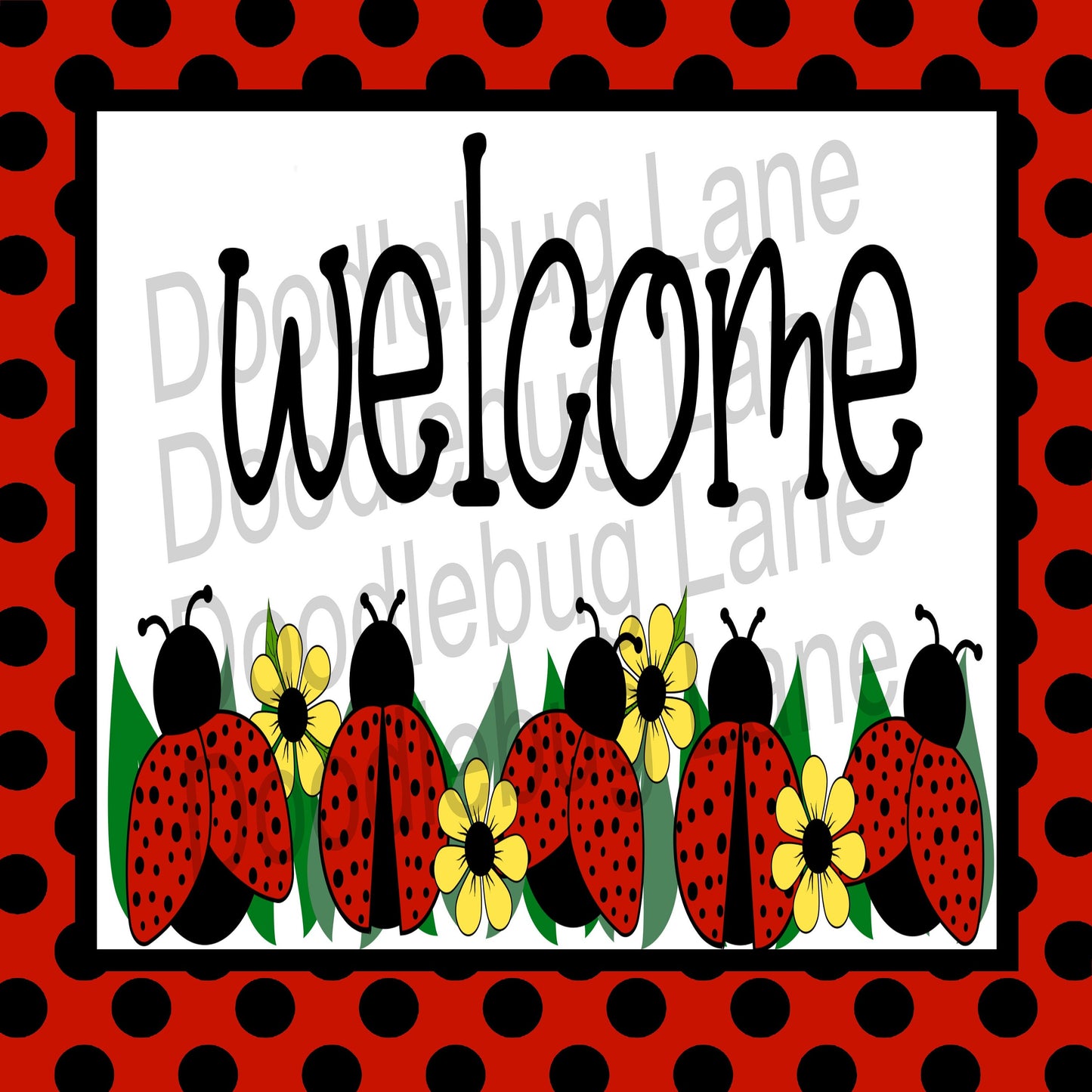 Ladybug Wreath Sign-Welcome Sign-Spring Wreath Sign-Black And Red-Ladybug With Yellow Daisies-Metal Wreath Sign