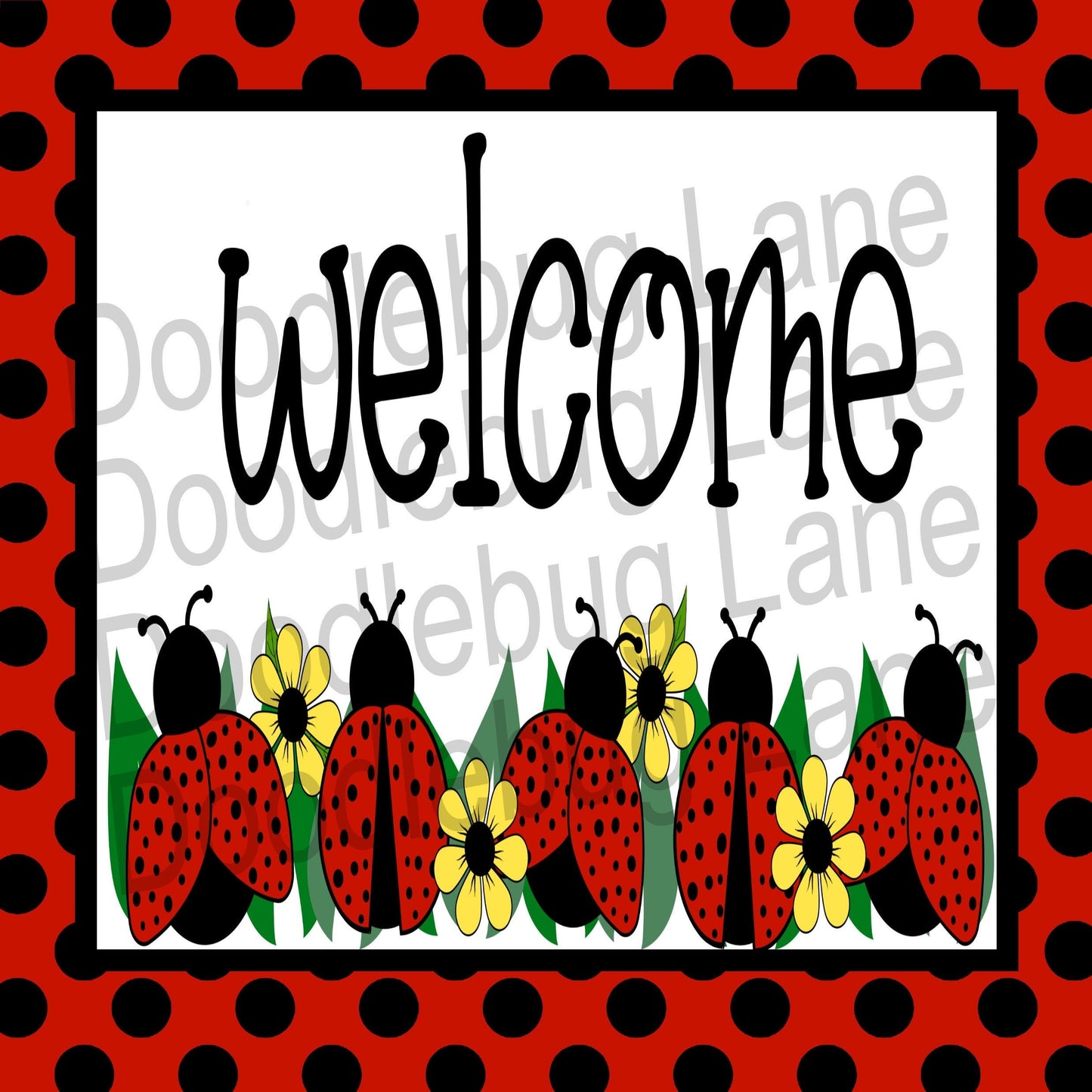 Ladybug Wreath Sign-Welcome Sign-Spring Wreath Sign-Black And Red-Ladybug With Yellow Daisies-Metal Wreath Sign