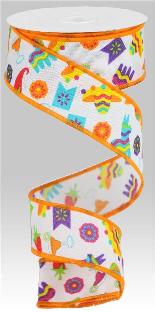 Wired Ribbon - Fiesta On Faux Royal - 1.5" x 10 yards - Cinco de Mayo Ribbon