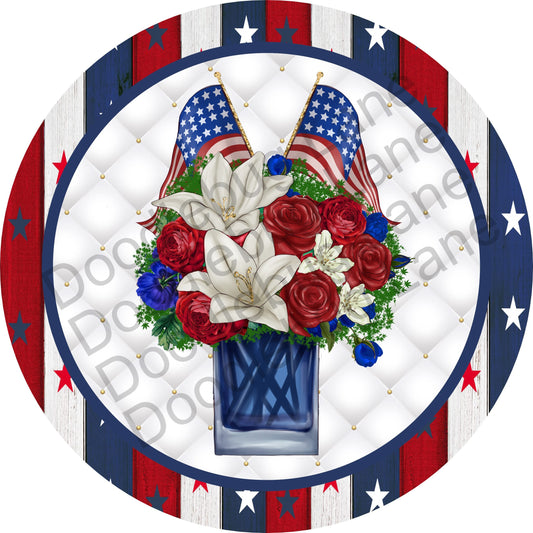 Patriotic Wreath Sign-Patriotic Floral Bouquet-Independence Day-Red White And Blue-Round Sign-Metal Wreath Sign