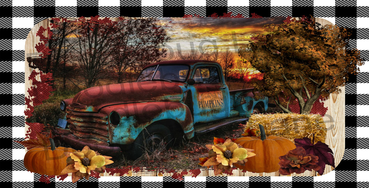 Fall Truck-Vintage Truck Sign-Fall Wreath Sign-Pumpkin Sign-Buffalo Plaid-Metal Wreath Sign-Rectangle Sign