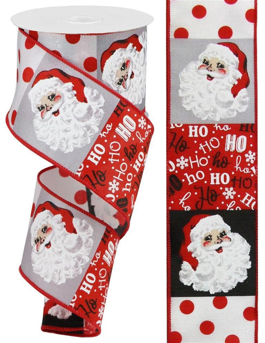 Wired Ribbon - Santa Face On Block Patterns - Christmas Ribbon - Santa Ribbon - 2.5" x 10 yards