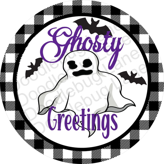 Halloween Wreath Sign -Metal Wreath Sign - Ghostly Greetings - Halloween Sign - Ghost Sign - Black Bats - Round Sign