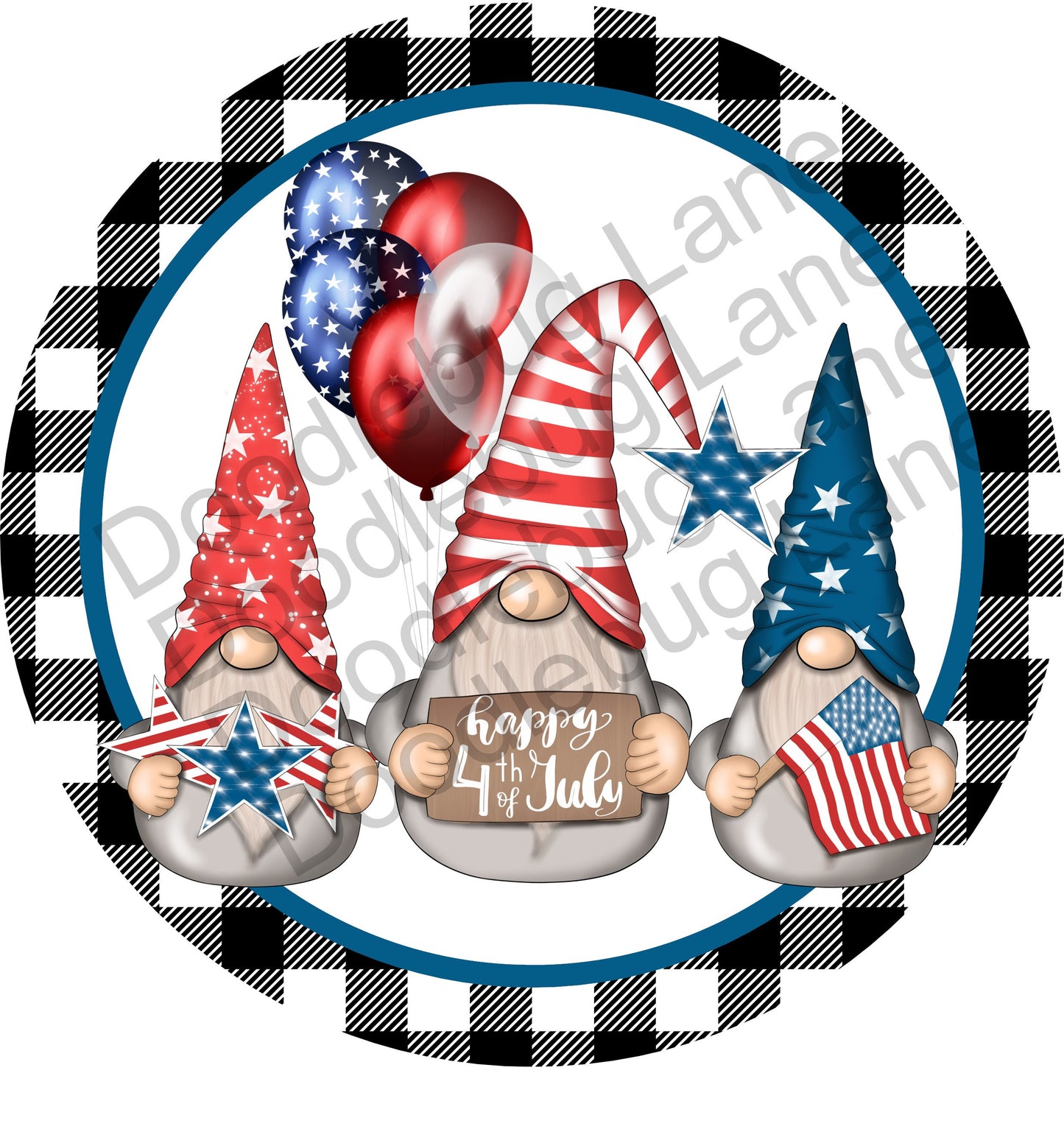 Patriotic Gnome Sign-Happy 4th Of July-Independence Day-Red White And Blue-Buffalo Plaid-Round Sign-Metal Wreath Sign