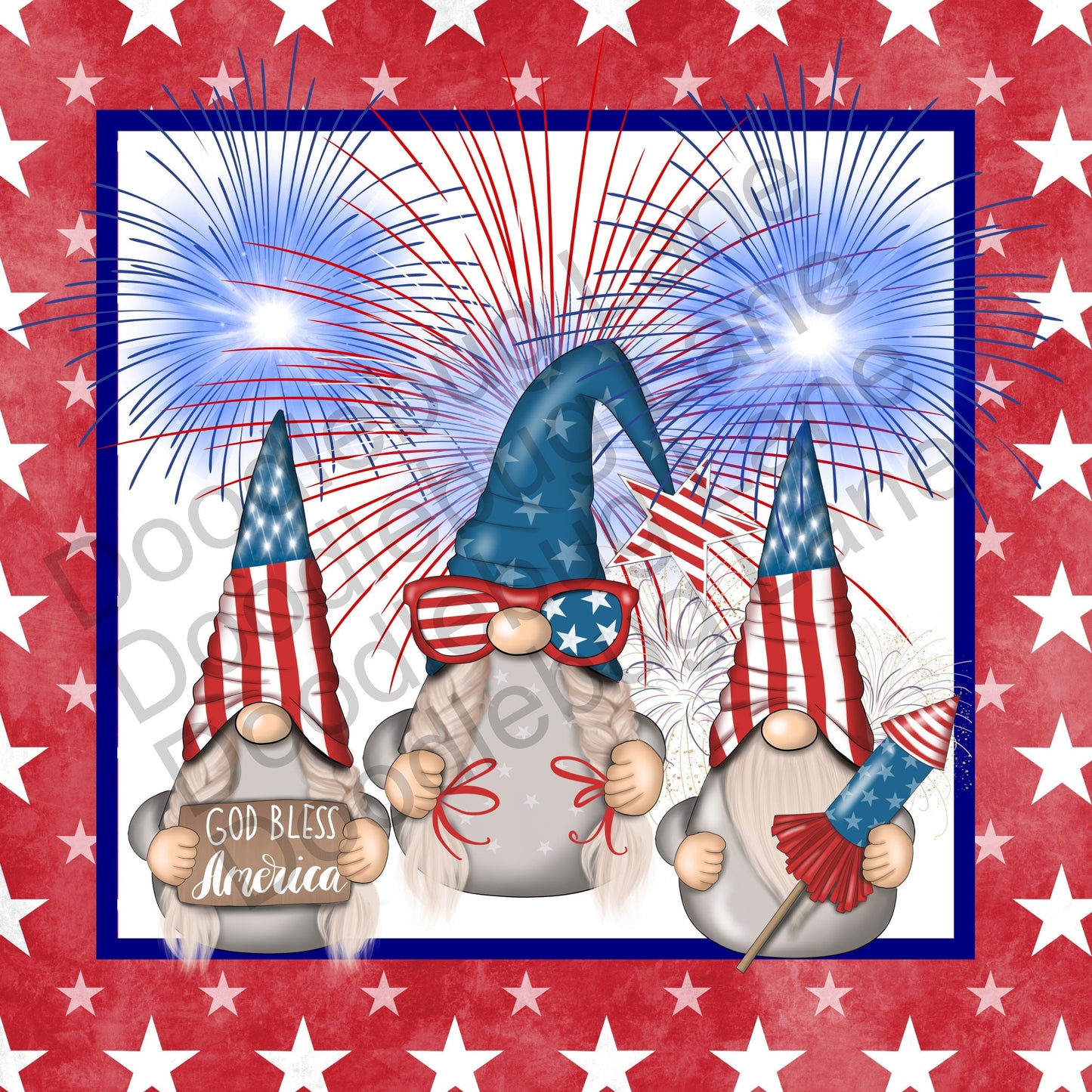 Patriotic Wreath Sign-God Bless America-Patriotic Gnome-Independence Day-Fireworks-Stars And Stripes-Metal Wreath Sign