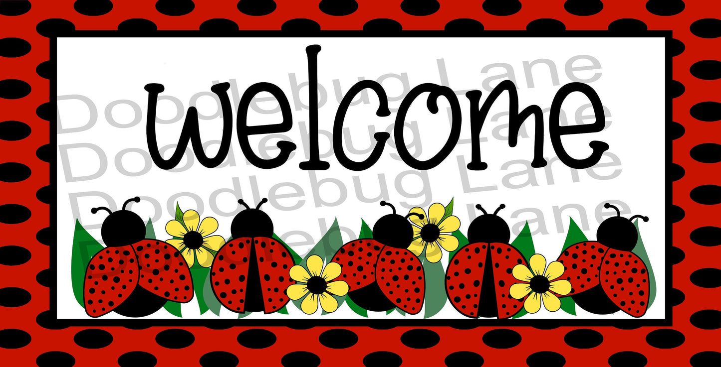 Ladybug Wreath Sign-Welcome Sign-Spring Wreath Sign-Black And Red-Ladybug With Yellow Daisies-Metal Wreath Sign