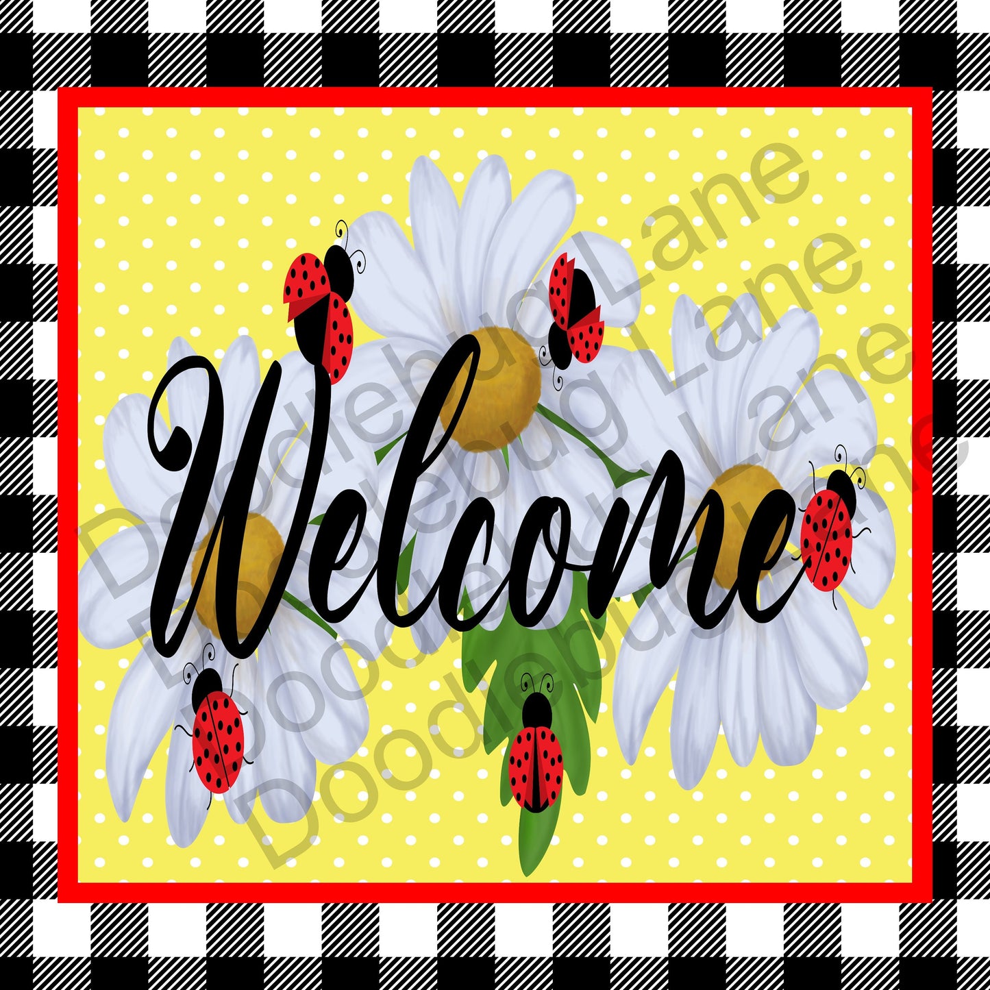 Ladybug Sign-Welcome Wreath Sign-Black And White Plaid-White Daisies-Metal Wreath Sign