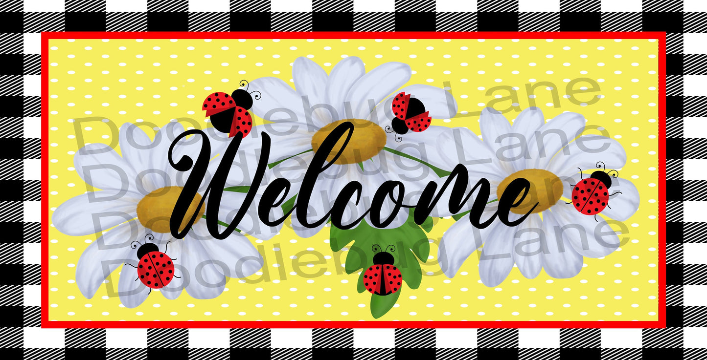 Ladybug Sign-Welcome Wreath Sign-Black And White Plaid-White Daisies-Metal Wreath Sign