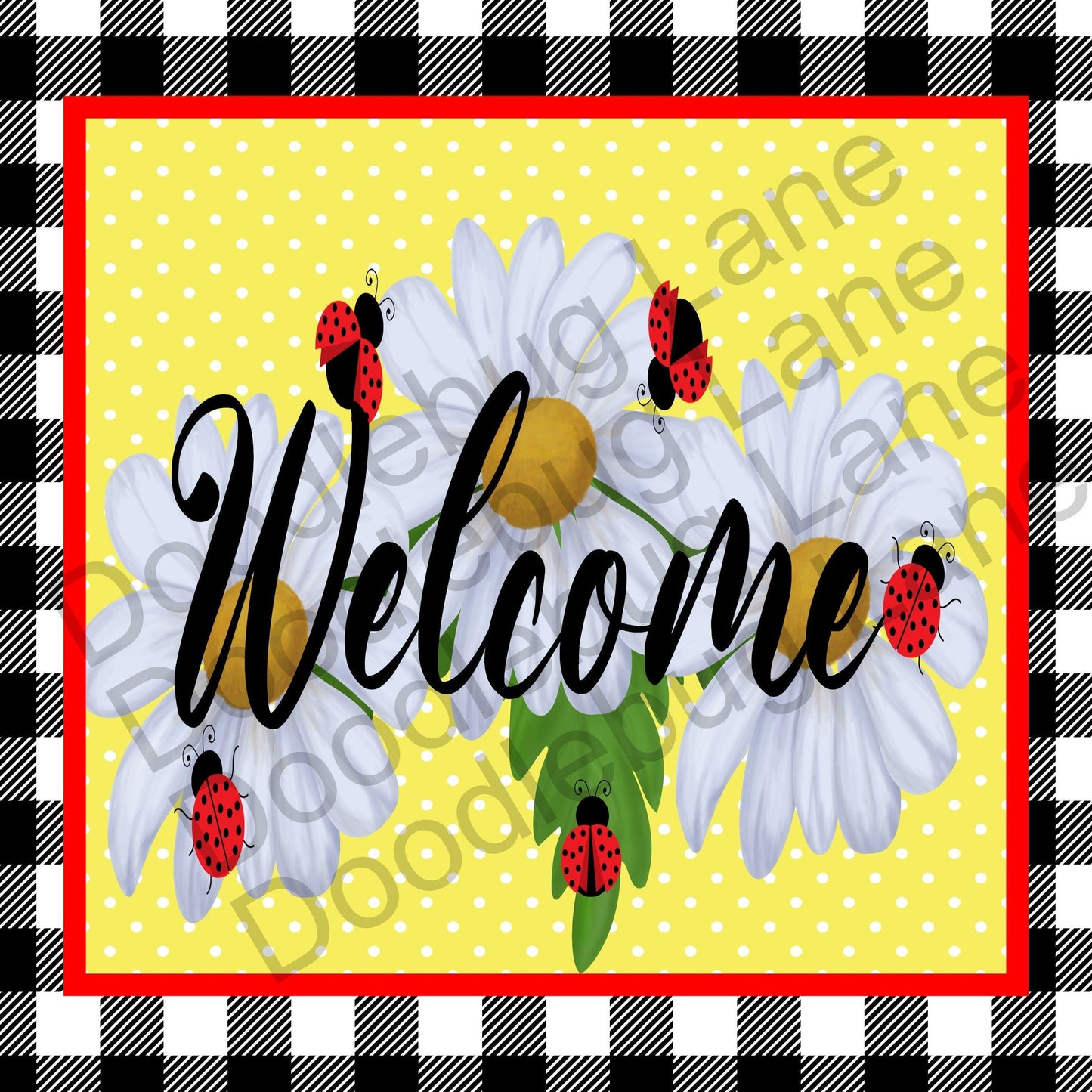 Ladybug Sign-Welcome Wreath Sign-Black And White Plaid-White Daisies-Metal Wreath Sign