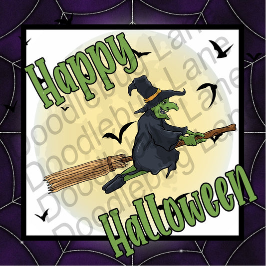 Halloween Wreath Sign - Flying Witch - Witches Broom - Happy Halloween Sign - Metal Wreath Sign - Square Sign