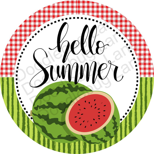 Summer Wreath Sign - Watermelon Sign - Hello Summer - Metal Wreath Sign - Round Sign - Red Watermelon