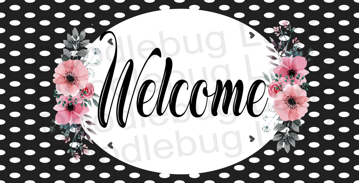 Welcome Wreath Sign-Metal Wreath Sign- Welcome Sign With Flowers-Black and White- Polka Dots-Rectangle Sign