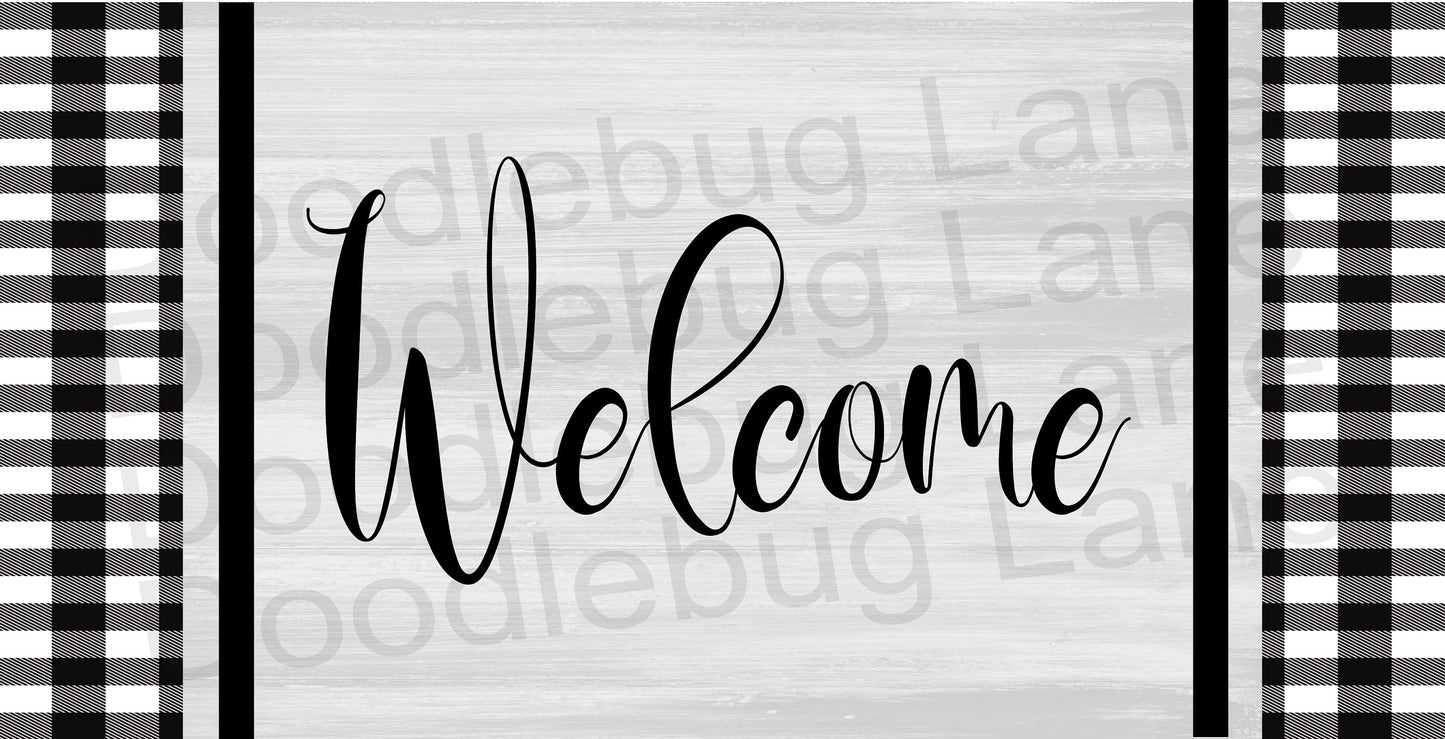 Welcome Wreath Sign-Buffalo Plaid-Farmhouse Sign-Metal Wreath Sign-Black And Gray-Rectangle Sign