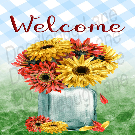 Welcome Sign- Mason Jar- Welcome Wreath Sign- Orange And Yellow Daisies-Square Sign-Metal Wreath Sign