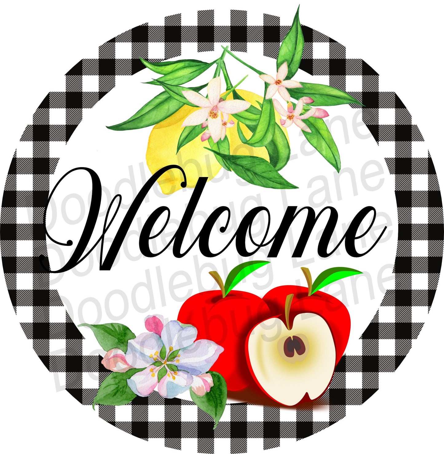 Welcome Wreath Sign-Lemon Sign-Apple Sign-Summer Wreath Sign-Buffalo Plaid-Metal Wreath Sign-Round Sign