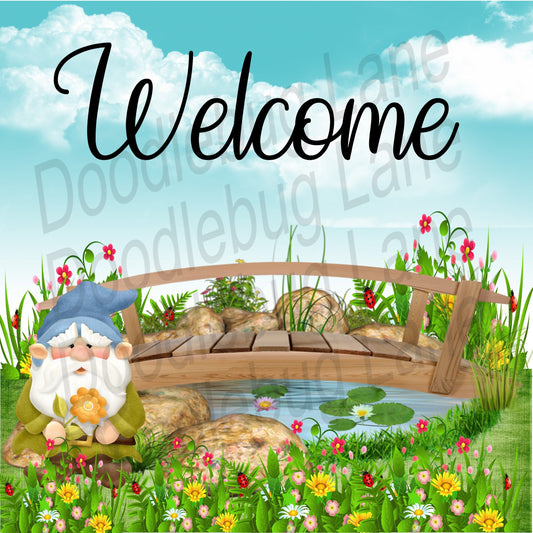 Welcome Gnome Sign-Metal Wreath Sign-Welcome Wreath Sign-Gnome Wreath Sign-Doodlebug Lane Signs-Square Sign