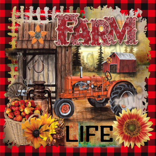 Farm Sign-Red Tractor Sign-Farm Tractor-Farm Scenery-Metal Wreath Sign-Buffalo Plaid-Farm Life-Square Sign