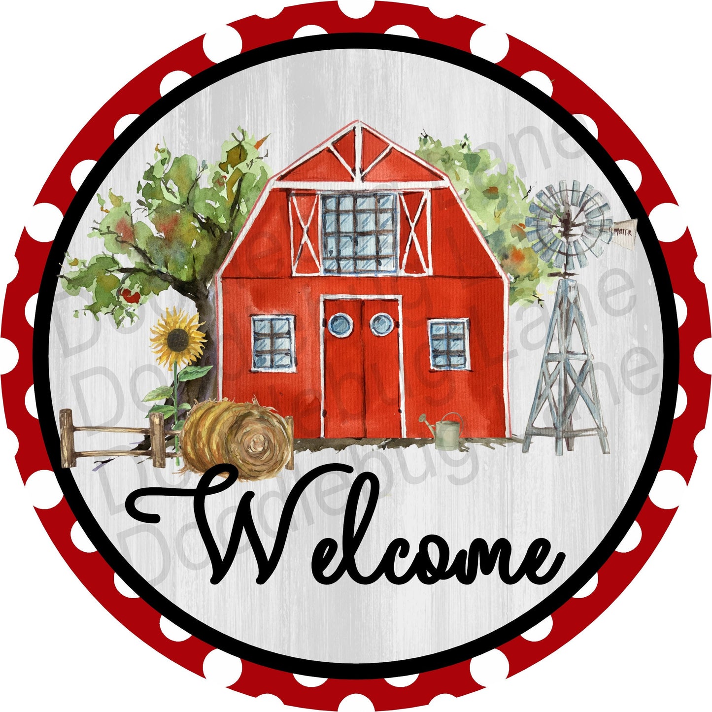 Welcome Farmhouse Sign-Farmhouse Wreath Sign- Farm Scene- Metal Wreath Sign-Red Barn-Windmill-Round Sign