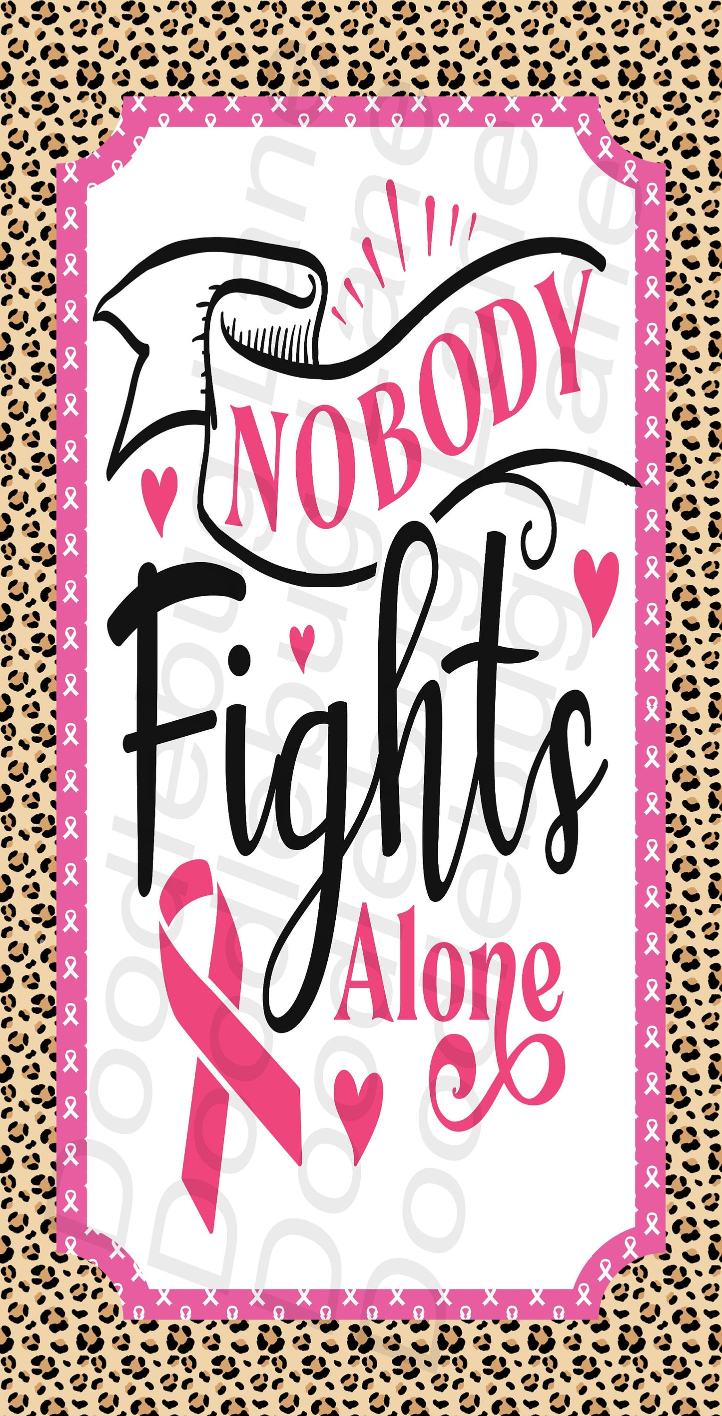 Breast Cancer Awareness Sign-Nobody Fights Alone-Cancer Ribbon-Leopard Print-Metal Wreath Sign-Rectangle Sign