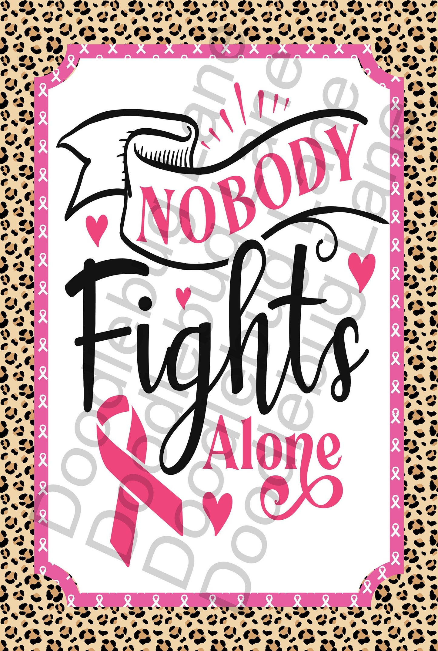 Breast Cancer Awareness Sign-Nobody Fights Alone-Cancer Ribbon-Leopard Print-Metal Wreath Sign-Rectangle Sign