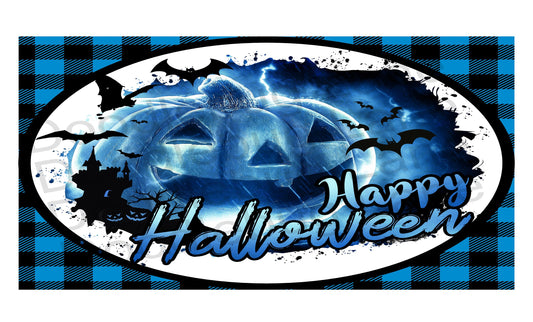 Halloween Sign-Scary Pumpkin Decor-Blue and Black Buffalo Plaid-Happy Halloween-Metal Wreath Sign-Blue Pumpkin