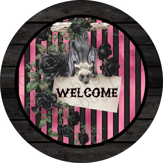 Halloween Sign-Welcome Sign For Halloween Wreath-Black Roses-Metal Wreath Sign -Black Bat-Round Sign-Purple And Black