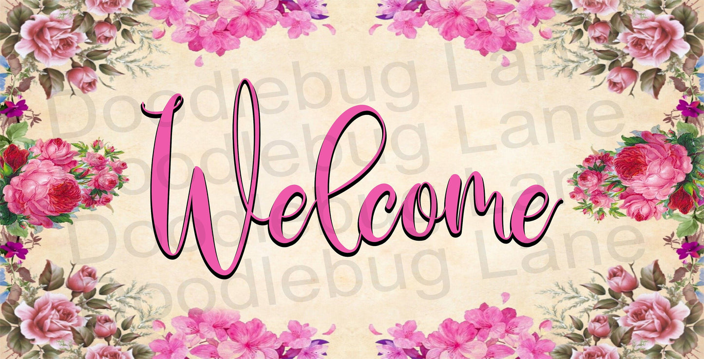 Spring Wreath Sign - Welcome Sign -  Floral Welcome Sign - Metal Wreath Sign - Rectangle Sign - Pink Florals