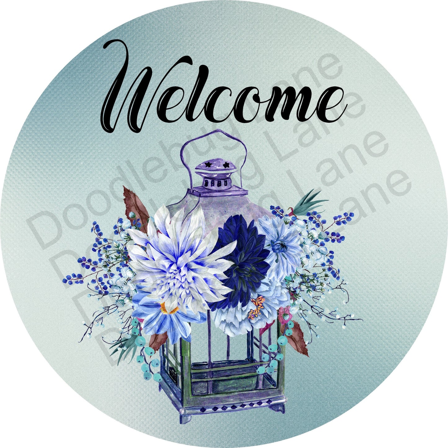 Welcome Wreath Sign - Welcome Sign - Blue Lantern - Round Sign - Metal Wreath Sign - Decorative Lantern